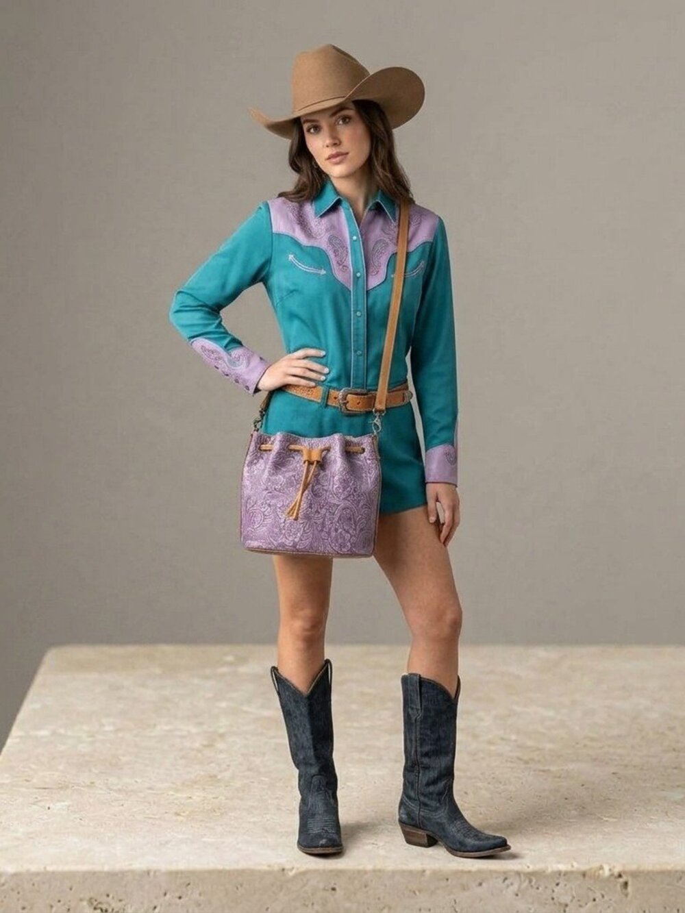 Lilac Storyweave Crossboy Bloom Embossed Leather Bucket Bag in Mystic Lilac